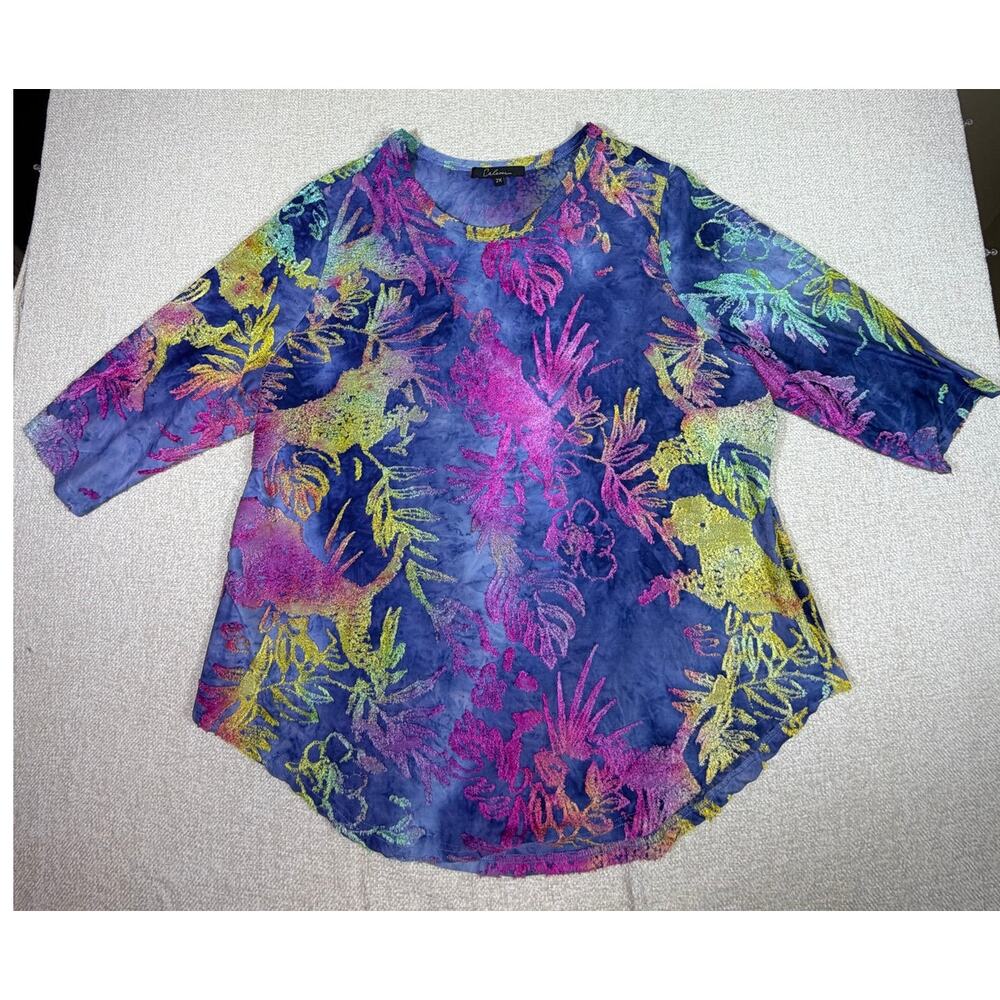 Calessa Women's 2XL Blue Textured 3/4 Sleeve Tunic Shirt Resort Vacation Top